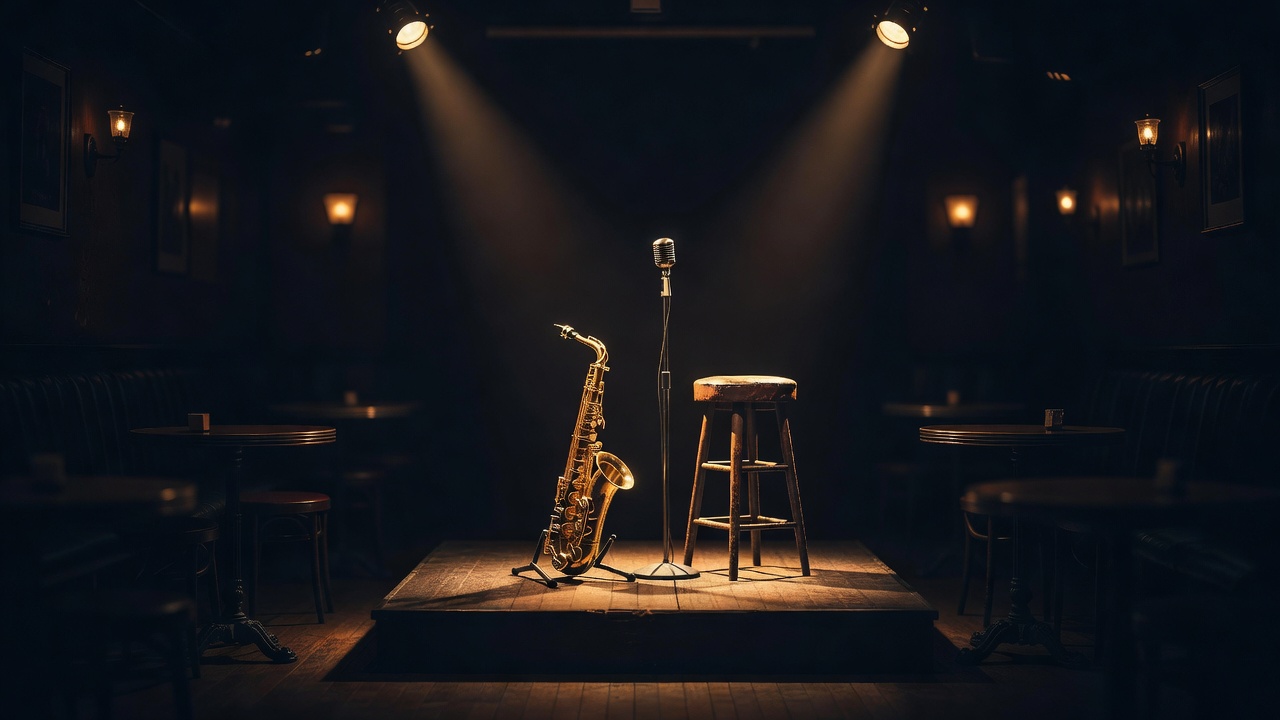 Ambiance de club de jazz intimiste avec un saxophone posé sur une scène éclairée par des spots ambrés, évoquant les nuits jazz de New York